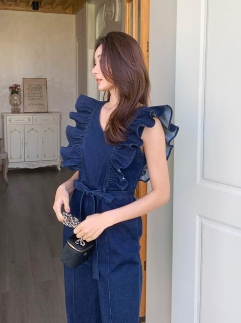 DENIM FRILL ROMPERS