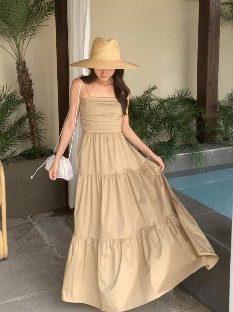 TIERED CAMISOLE LONG DRESS BEIGE