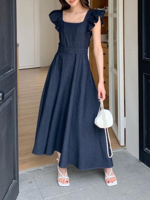 FRILL SHOULDER DENIM DRESS