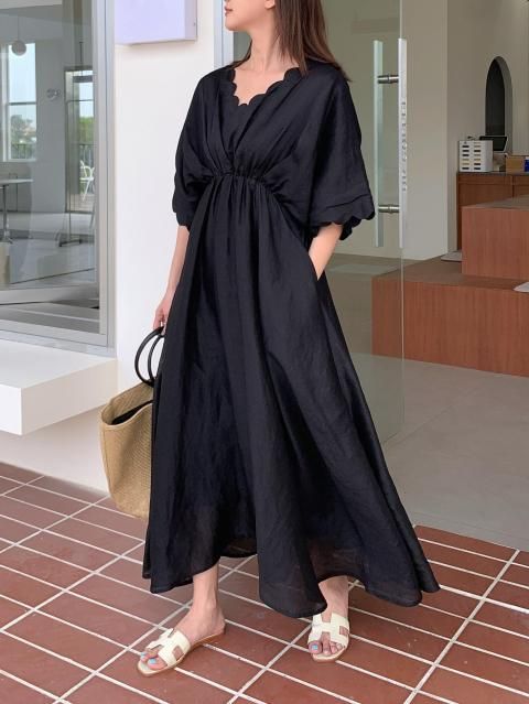 MEL LINEN GATHER DRESS BLACK