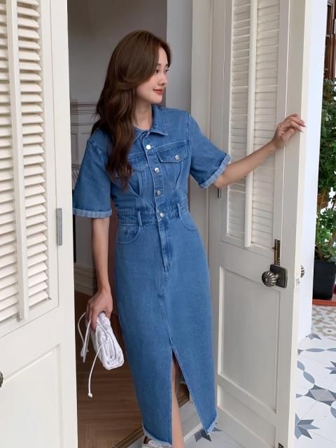 DENIM SHIRT SLIT DRESS
