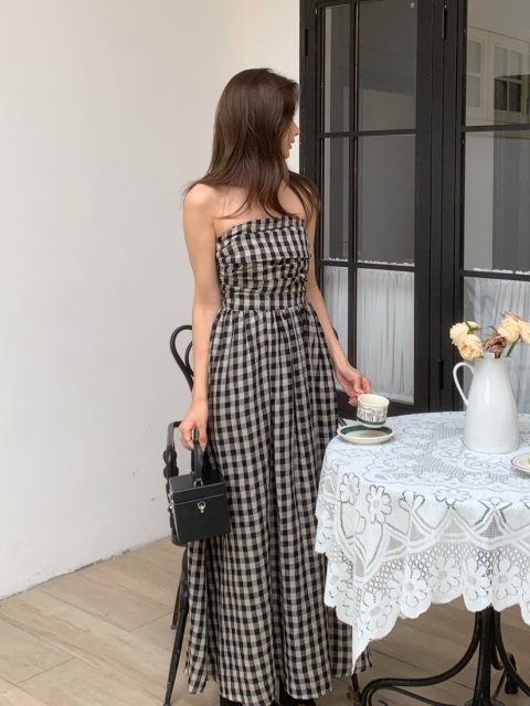 OFF SHOULDER GINGHAM DRESS IN LINEN