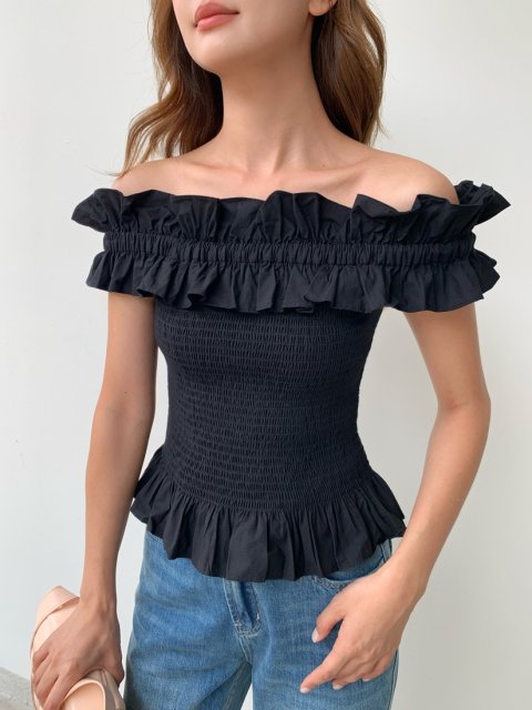 FRILL OFF SHOULDER SHIRRING TOPS