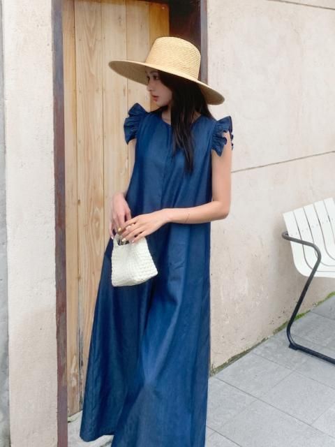 DENIM CLIONE SHOULDER FRILL ROMPERS
