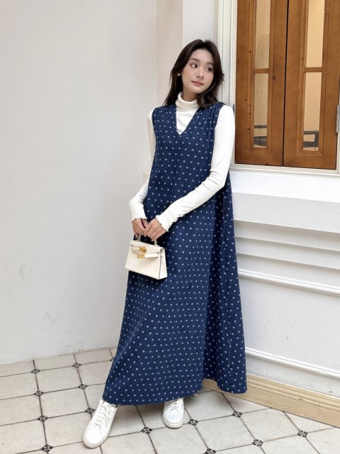 DOT JACQUARD DENIM A LINE DRESS