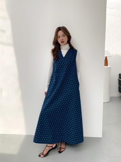 DOT JACQUARD DENIM A LINE DRESS