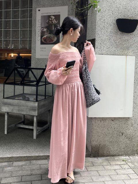 SHIRRING OFF SHOULDER DRESS