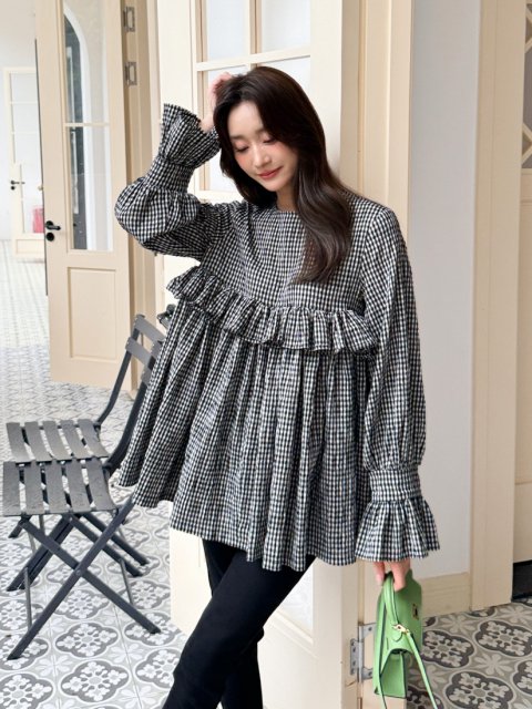 GINGHAM FRILL CANDY SLEEVE TOPS