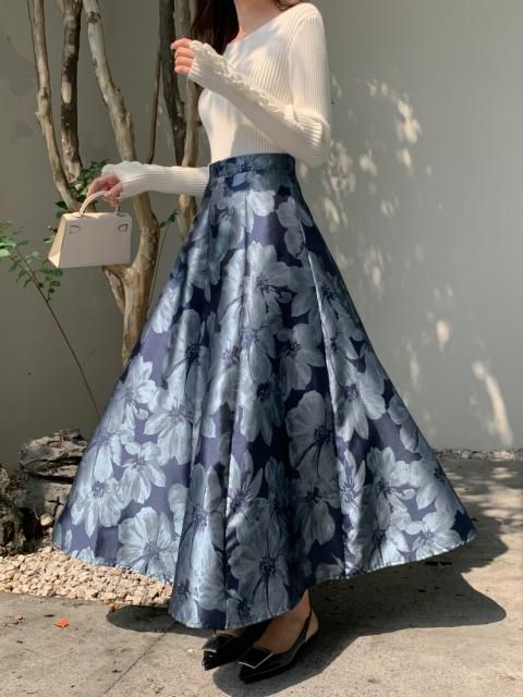 FLOWER SATIN FLARE SKIRT