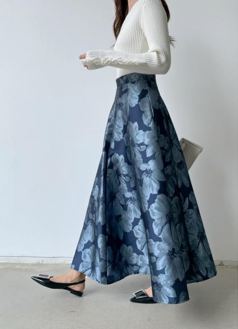 FLOWER SATIN FLARE SKIRT