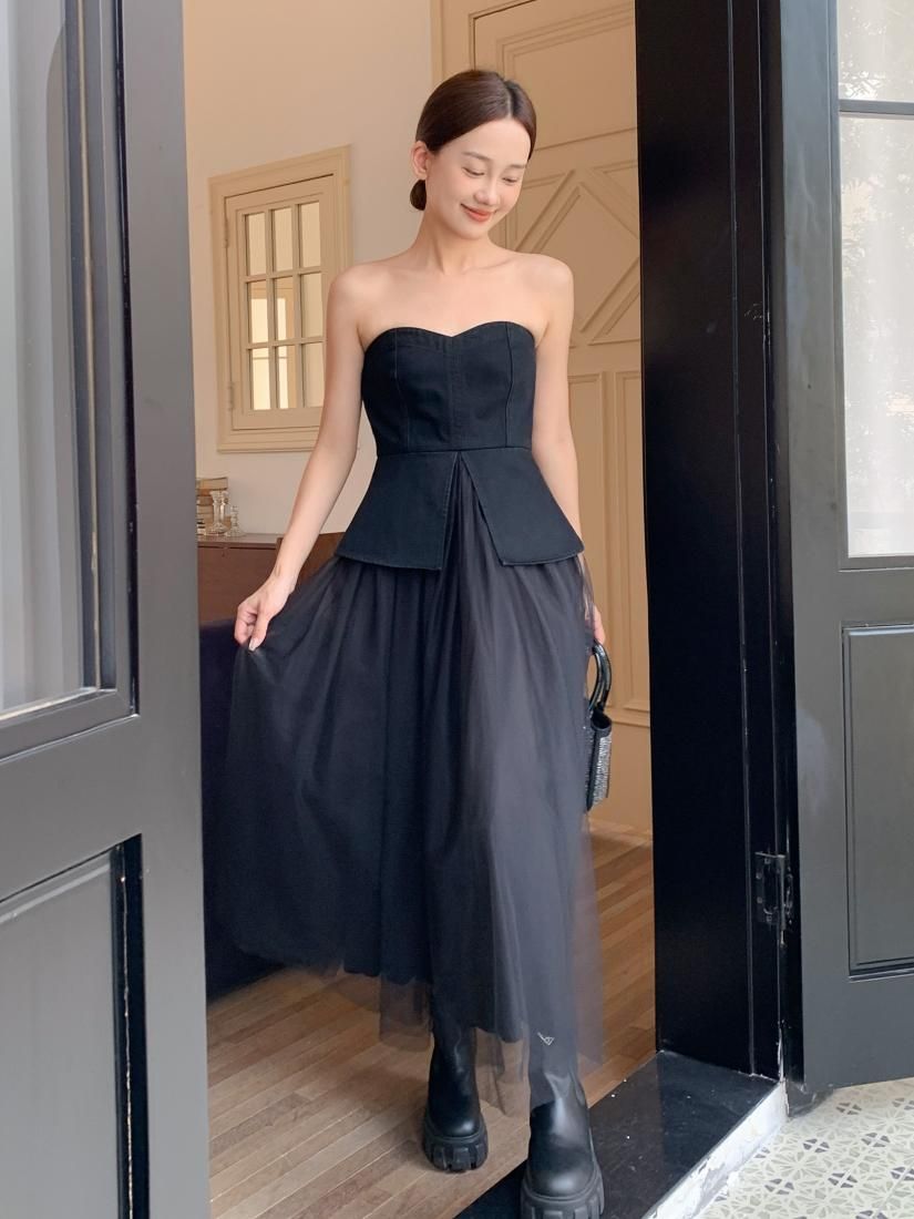 ワンピース riu Tulle docking denim dress Denim x Tüle Docking One Piece - Nagoya PARCO - Parco -