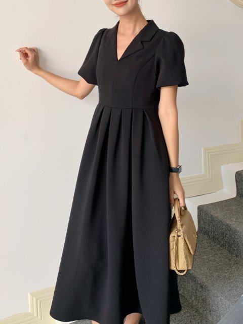 OPEN COLLAR PUFF DRESS