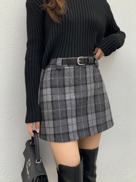 WOOL CHECK BELT SKIRT