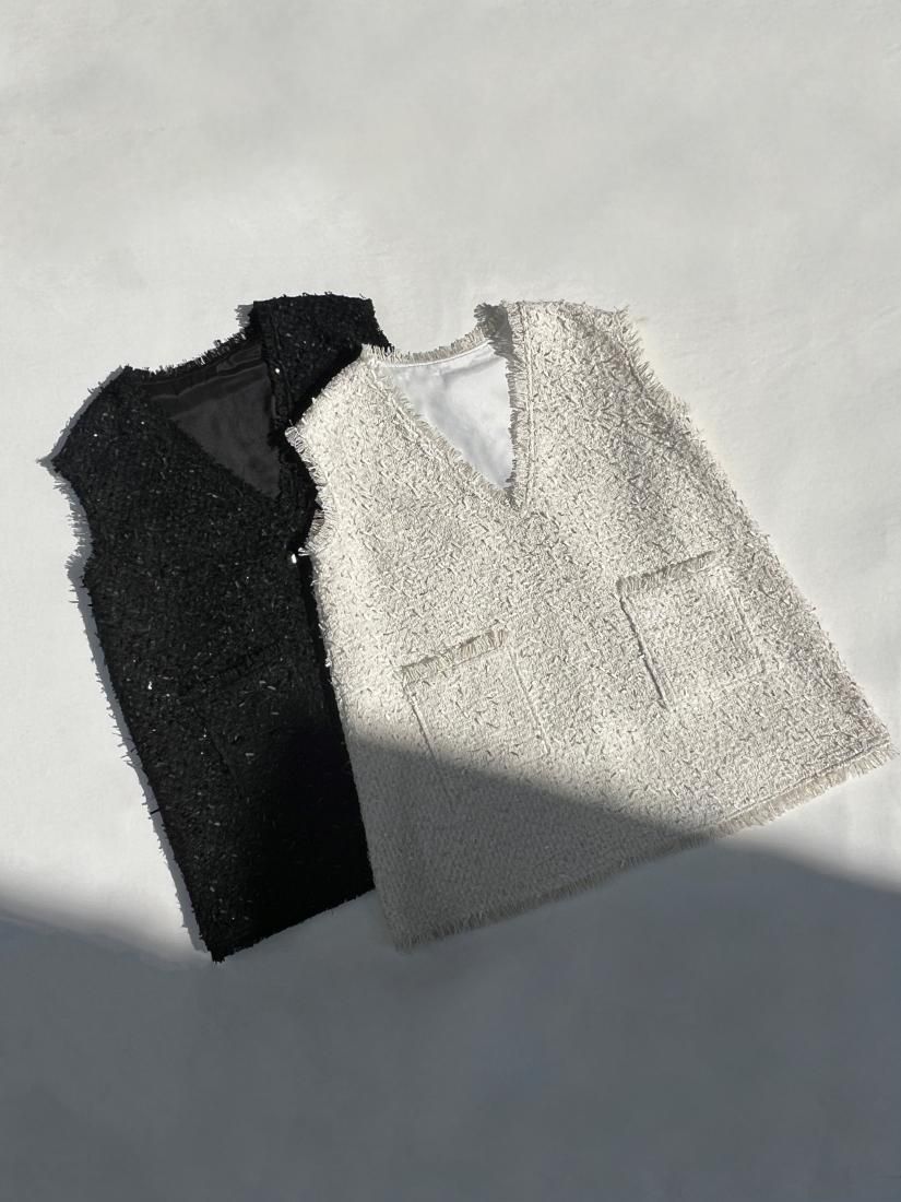 【RE ORDER】TWEED V NECK FRINGE VEST - BIRTHDAY BASH