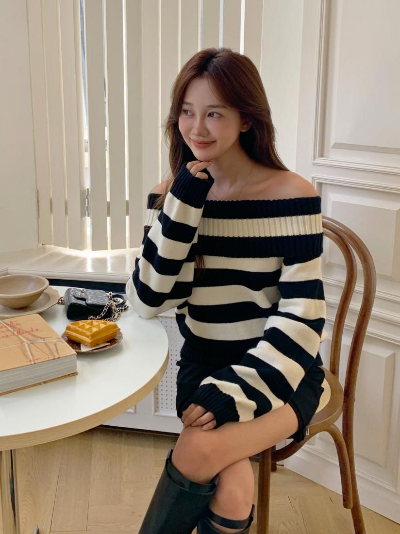 LIB OFF SHOULDER BORDER KNIT TOPS - BIRTHDAY BASH