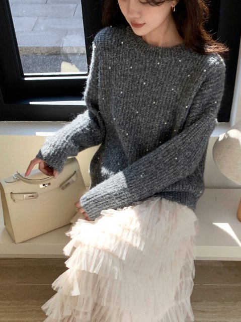 PEARL CREW NECK KNIT TOPS