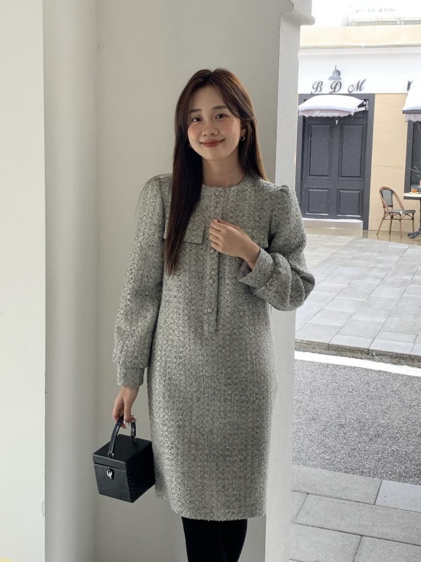 birthdaybash【SUMMER TWEED I LINE DRESS】 TWEED COVERED BUTTON MIDI DRESS - BIRTHDAY BASH