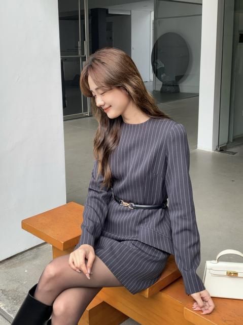 PEN STRIPE SLEEVE ZIPPER DRESS