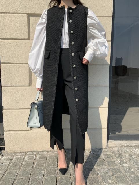 TWEED METAL BUTTON LONG GILET