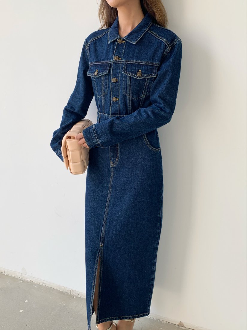 DENIM SHIRT SLIT LONG DRESS