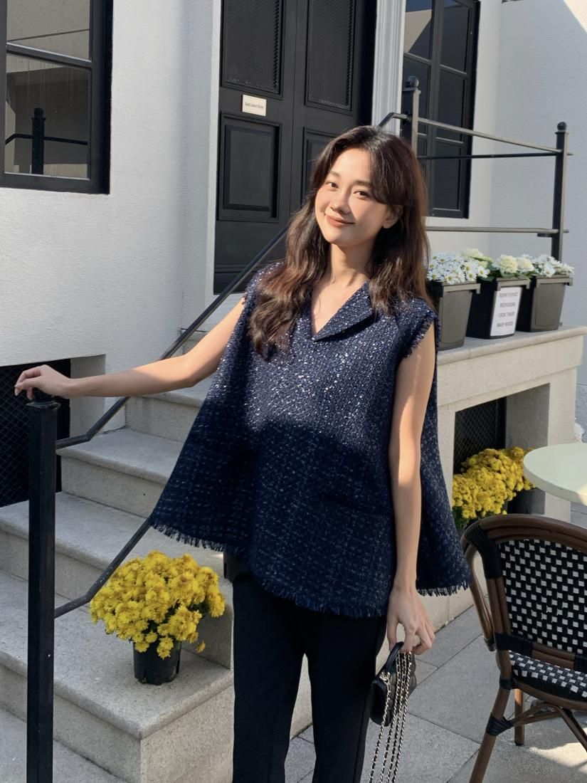 TWEED A LINE COLLAR TOPS NAVY - BIRTHDAY BASH
