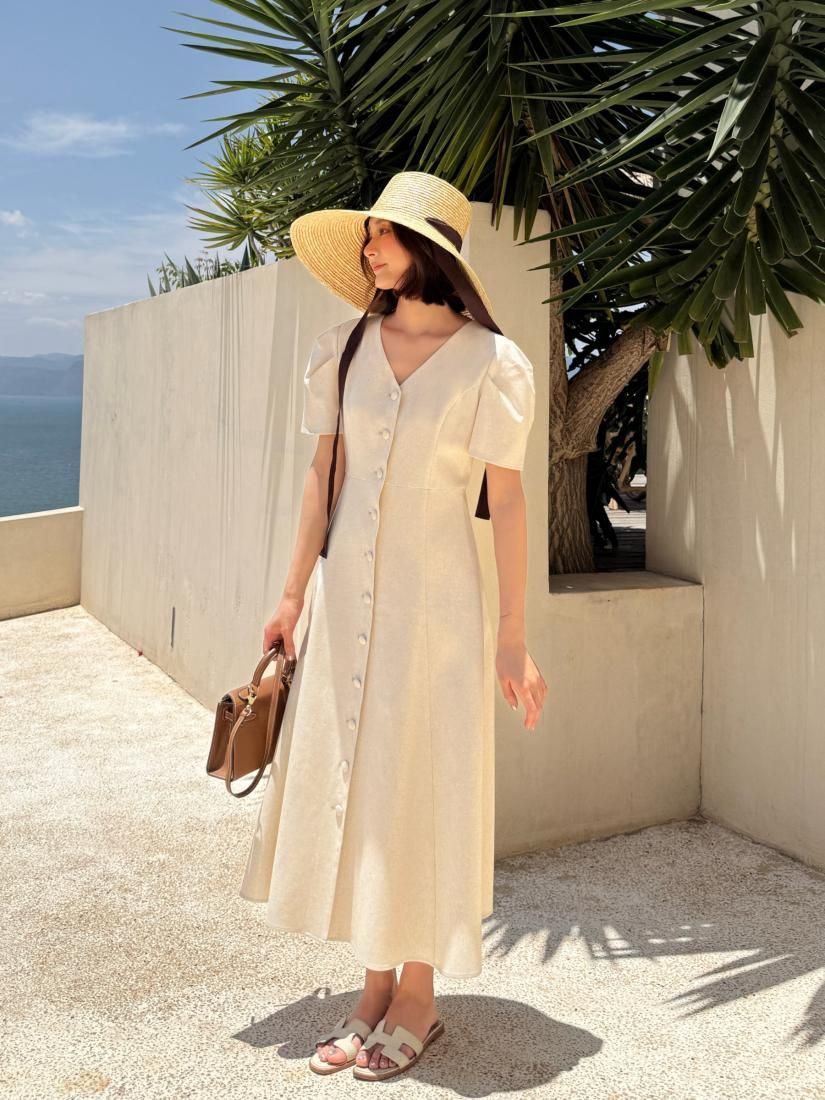 LINEN FRONT V BUTTON DRESS - BIRTHDAY BASH