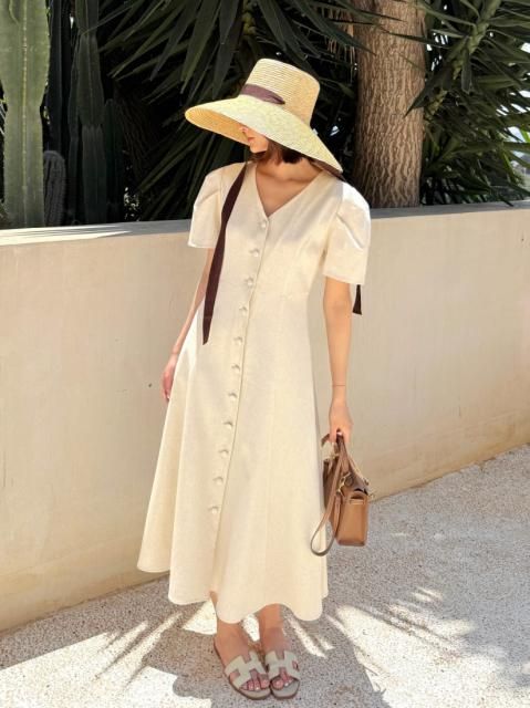 LINEN FRONT V BUTTON DRESS