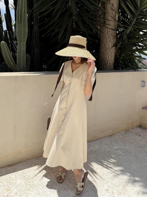 LINEN FRONT V BUTTON DRESS