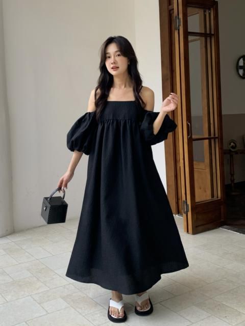 JACQUARD 2WAY PUFF STRAP DRESS
