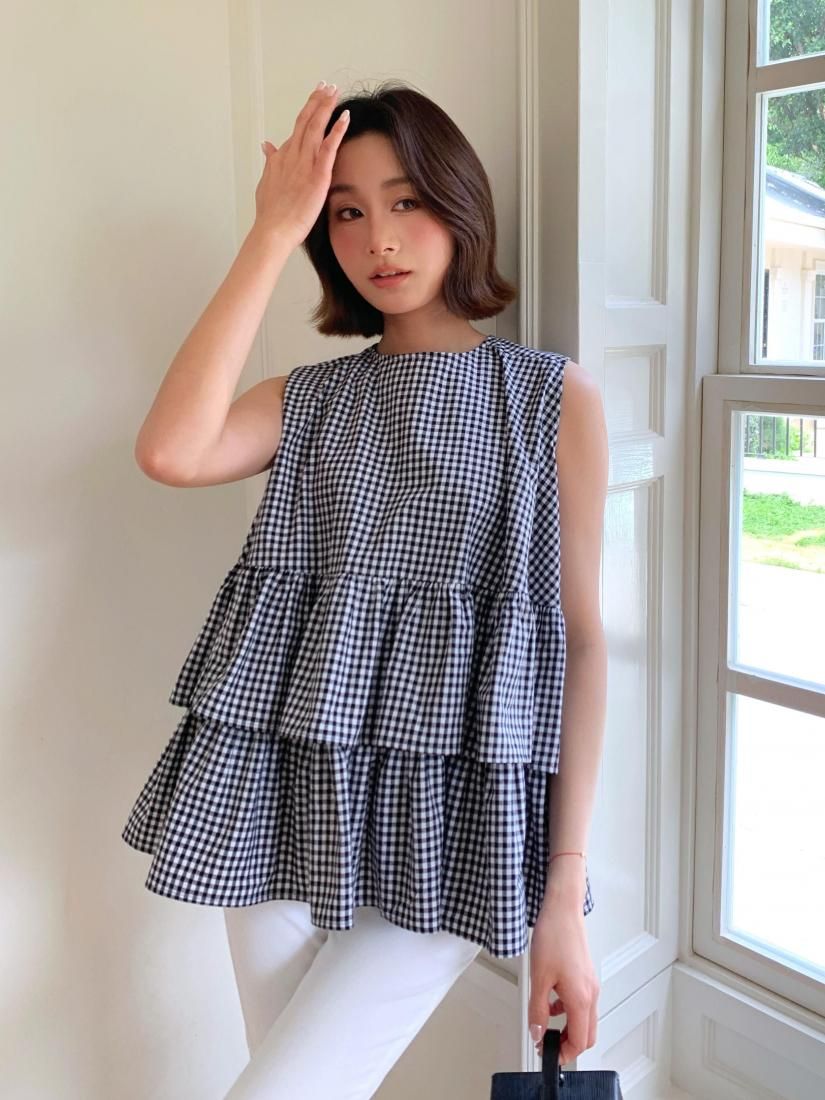 2WAY GINGHAM CHECK TRIPLE FRILL TOPS - BIRTHDAY BASH