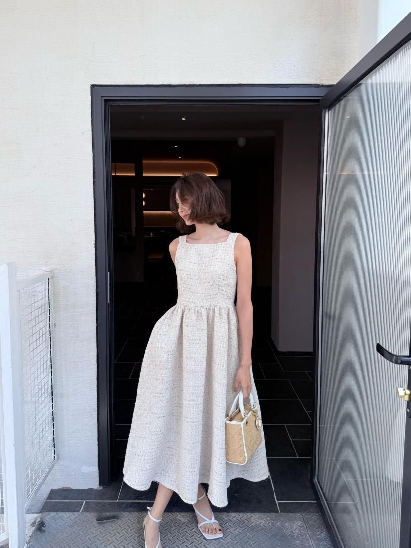 SQUARE NECK TWEED FLARE DRESS - BIRTHDAY BASH