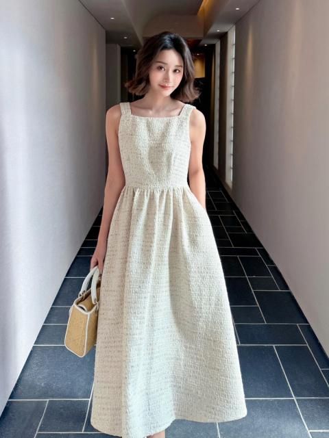 SQUARE NECK TWEED FLARE DRESS