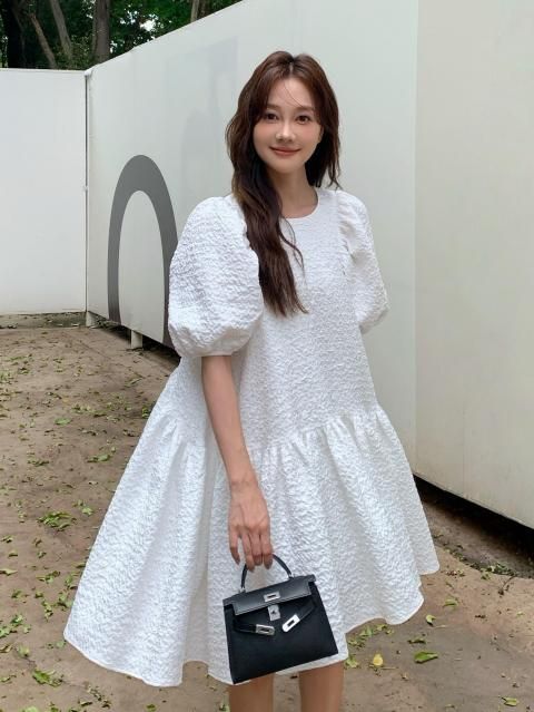 JACQUARD PUFF MIDI DRESS