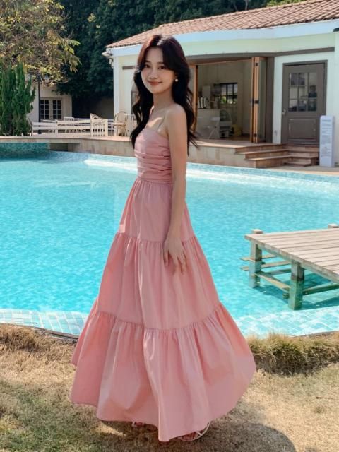 TIERED CAMISOLE LONG DRESS PINK