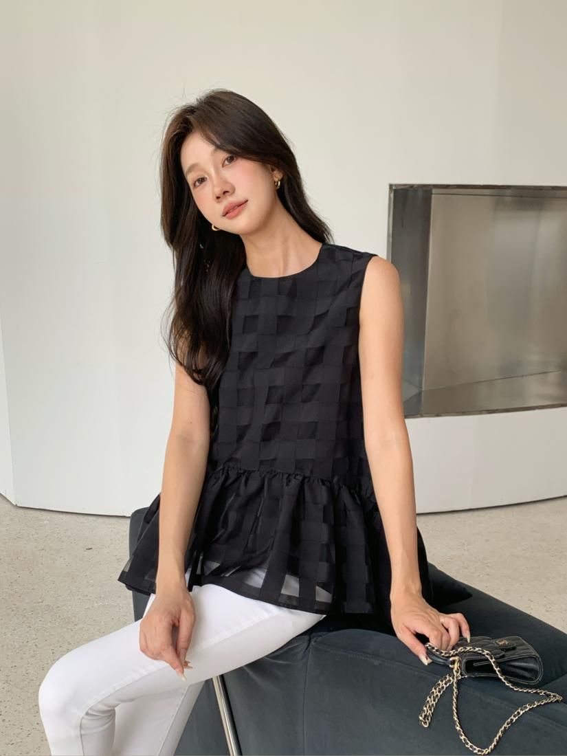 SHEER BLOCK CHECK PEPLUM TOPS - BIRTHDAY BASH