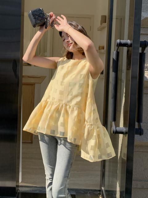 SHEER BLOCK CHECK PEPLUM TOPS