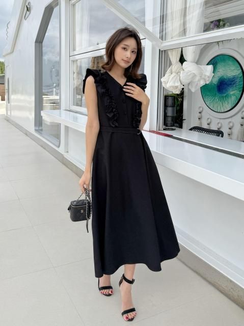 SHOULDER FRILL BELT DRESS