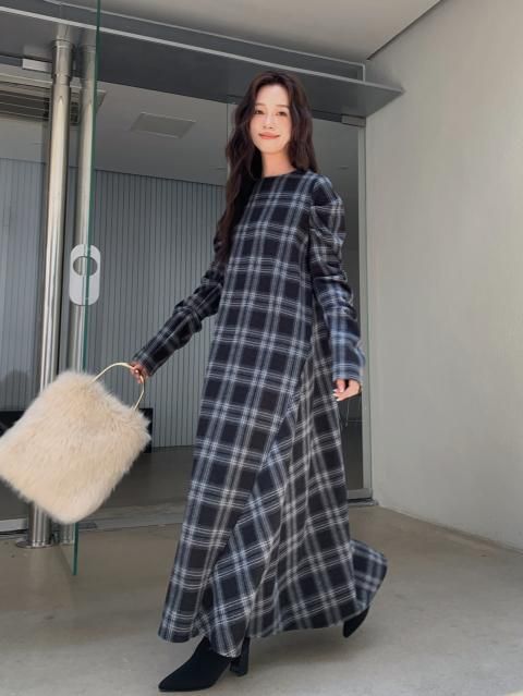 SHIRRING CHECK LONG DRESS