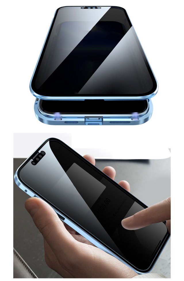 iPhoneSE3 SE2ケース ブルー 強化ガラス 360° のぞき見防止 - iPhone