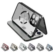 iPhone 15 Plus/15 Pro/15 Pro Max ケース アルミ バンパー カバー 前後強化ガラス かっこいい アルミバンパー ロック付き Qi充電 ワイヤレス充電 カメラ保護