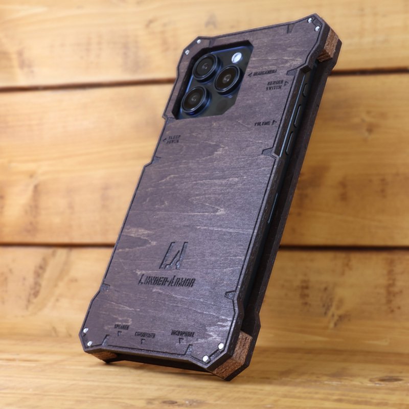 iPhone15 ケース 木製 耐衝撃 ウッドケース 木のケース 本革 LUNBER ARMOR 天然素材 Plus/Pro/ProMax ミリタリー  ギフト 男性 メンズ -LBAM - iPhone16 バンパー ケースのIT問屋