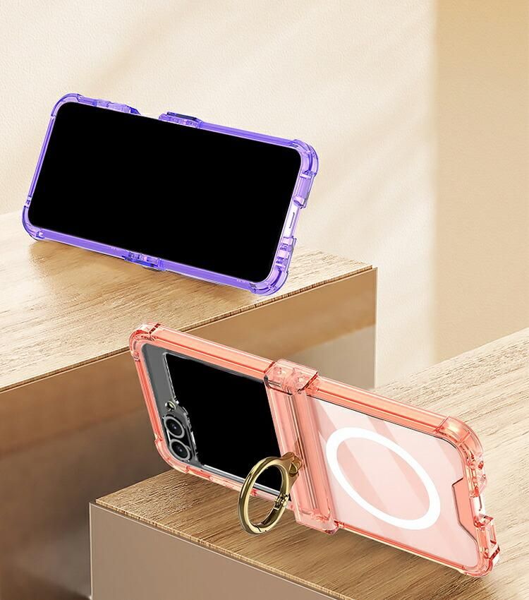 折り畳みスマートフォン、透明ディスクケース付く Galaxy Z Flip6 ケース 四つ角にエアバッグ 耐衝撃 折り畳み式
