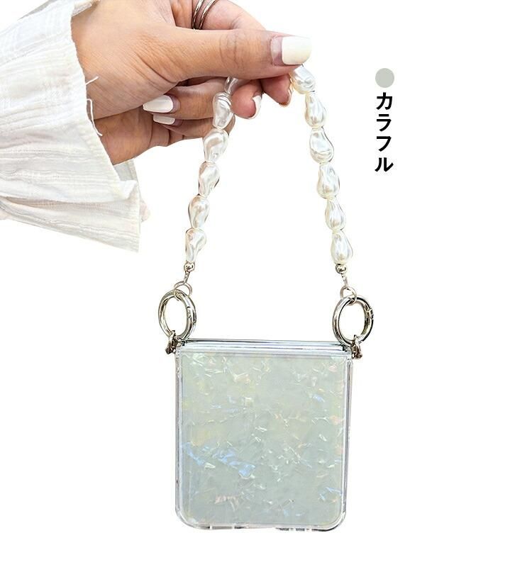 Galaxy Z Flip6 ケース 折りたたみ型 貝殻風模様 ストラップ付き