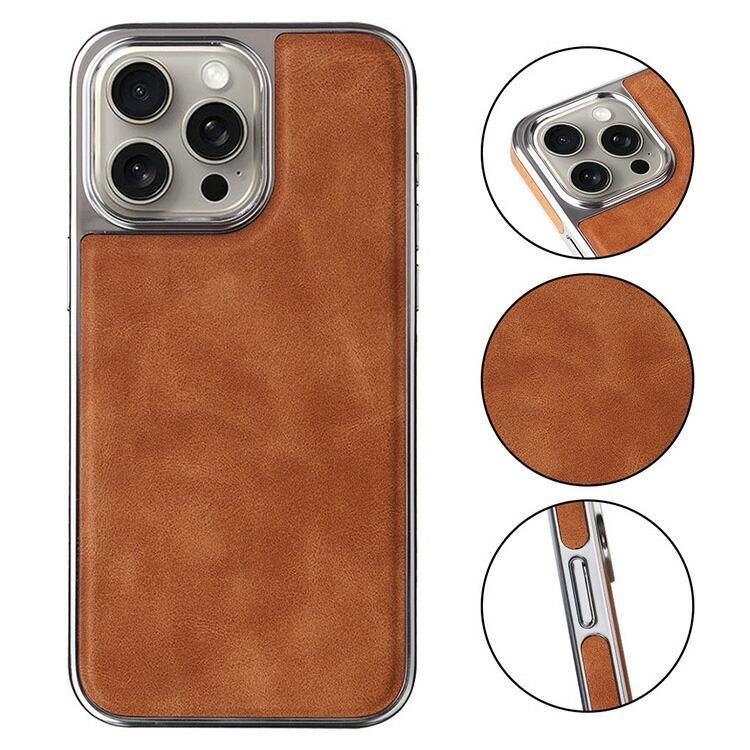 iPhone16 ケース 耐衝撃 カバー PUレザー メッキ 背面PUレザーケース