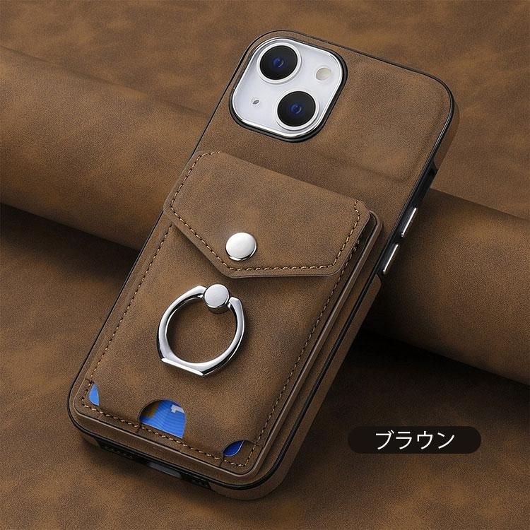 iPhone16 ケース カバー PUレザー カード収納付き 一体型リング付き