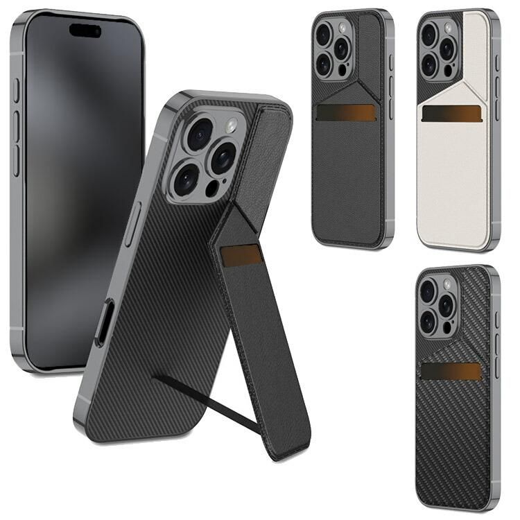 iPhone16 ケース カバー スタンド機能 PUレザー メッキ カーボン