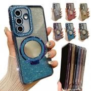 Galaxy A36 5G ケース カメラ保護あり カバー ラインストーン メッキ TPU ソフトケース ミラー付き 分離型スマホリング付
