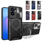 POCO M7 Plus ケース 耐衝撃 カバー マグネット式車載ホルダ対応 スライド式カメラレンズカバー付き レンズ保護 一体型スマホリング付き