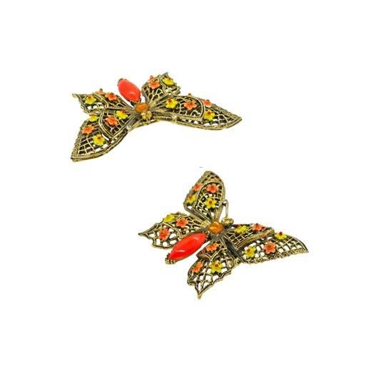 アート・小さなお花とオレンジ色の蝶のヴィンテージブローチ