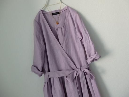 リネンのカシュクールマキシ丈ワンピース ラベンダー リネンc 長袖 Katsushige リネンのカシュクールマキシ丈ワンピース ラベンダー リネンc 長袖 Katsushige